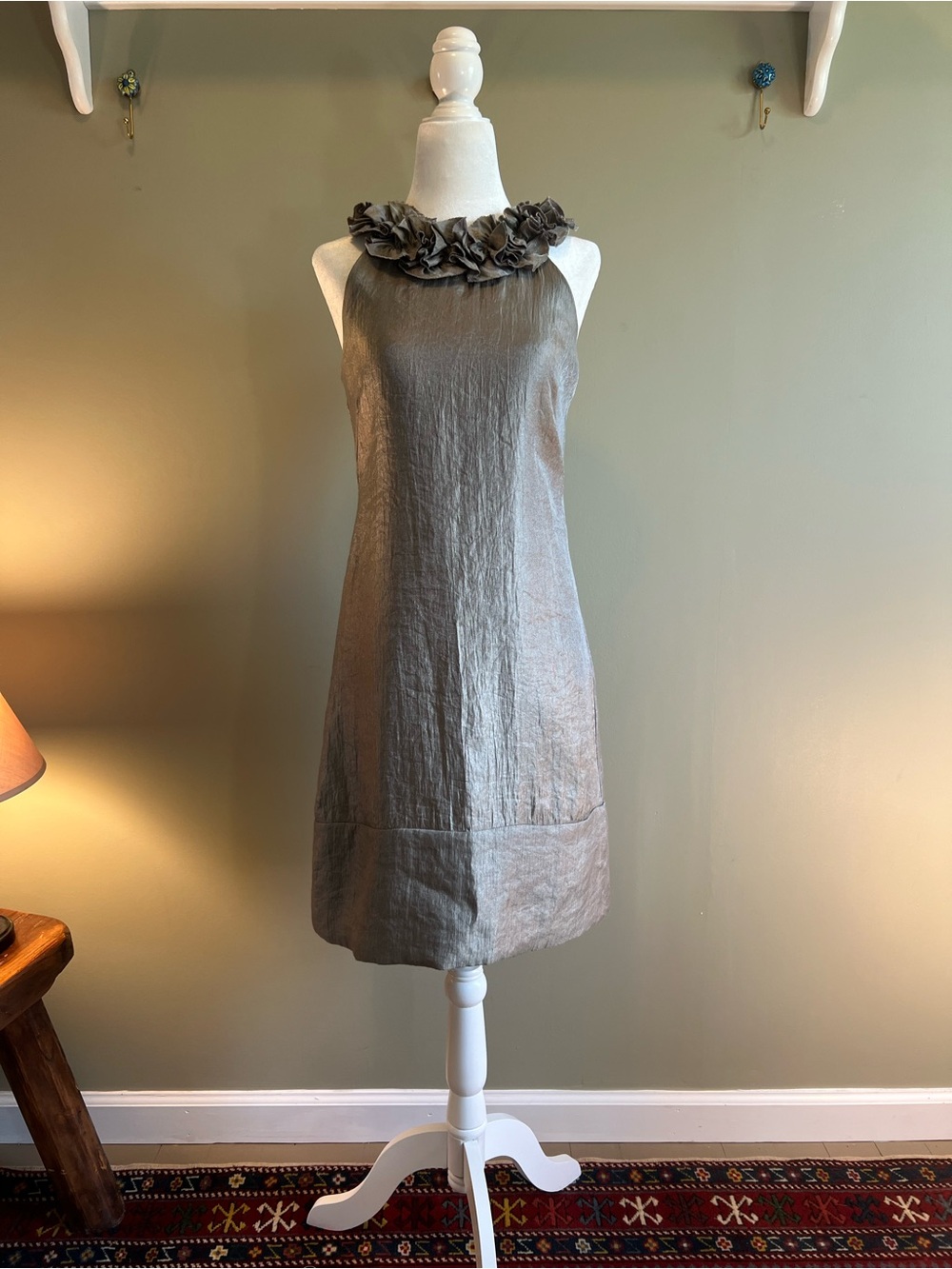 London Times Metallic Charcoal Halter Shift Dress with Floral Neckline